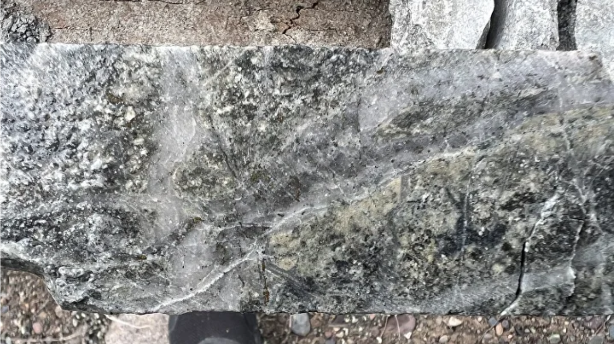 Mineralized grey rock sample with quartz veining